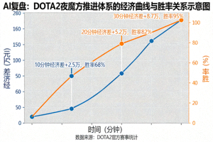 AI复盘：DOTA2夜魇方推进体系的经济曲线与胜率关系示意图